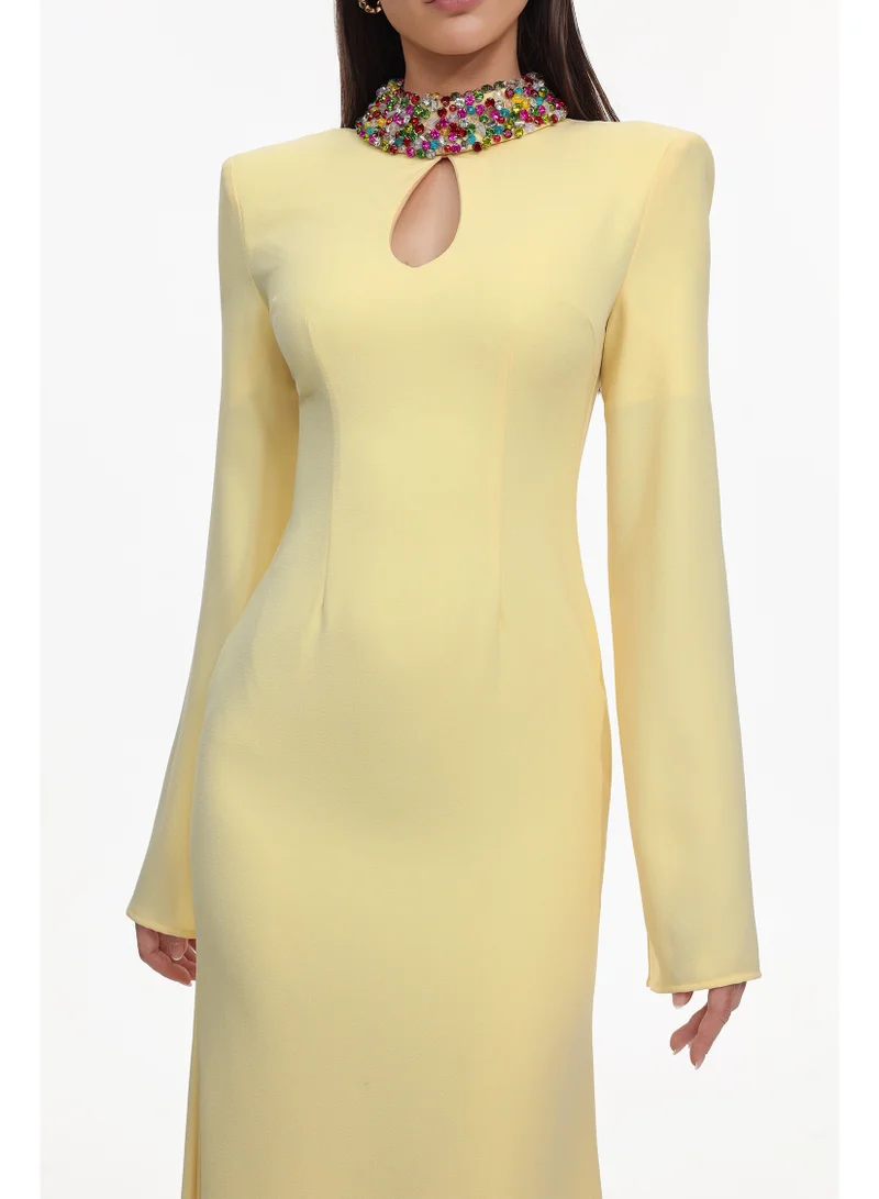 Bella Barnett  Ditala Elegant Tailored Cape Sleeve Cut Out Rhinestone Woven Maxi Dress for Women | Best Price UAE